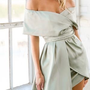 Sage off the shoulder dress satin. Worn 1 time